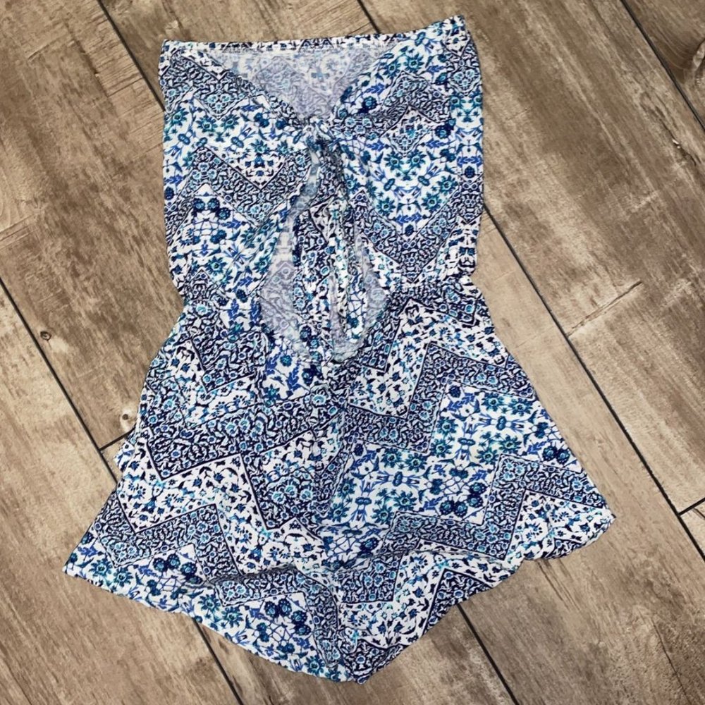 blue strapless romper